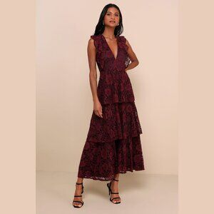 Lulu's Molinetto Burgundy Lace Ruffled Tiered Sleeveless Maxi Dress - Small